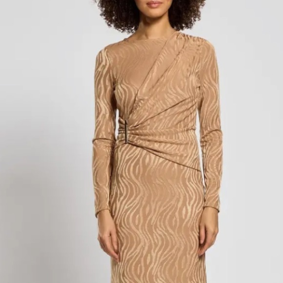 Daska dress Dusty Tan maxi faux wrap long sleeve rose gold bar accent large NEW - Picture 6 of 9